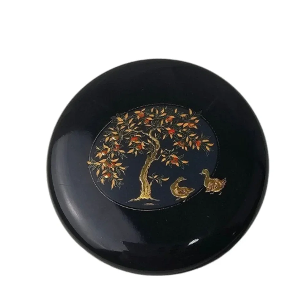 VTG Round Japanese Black Lacquered Lid  with Tree & ducks‎ over Porcelain Bowl